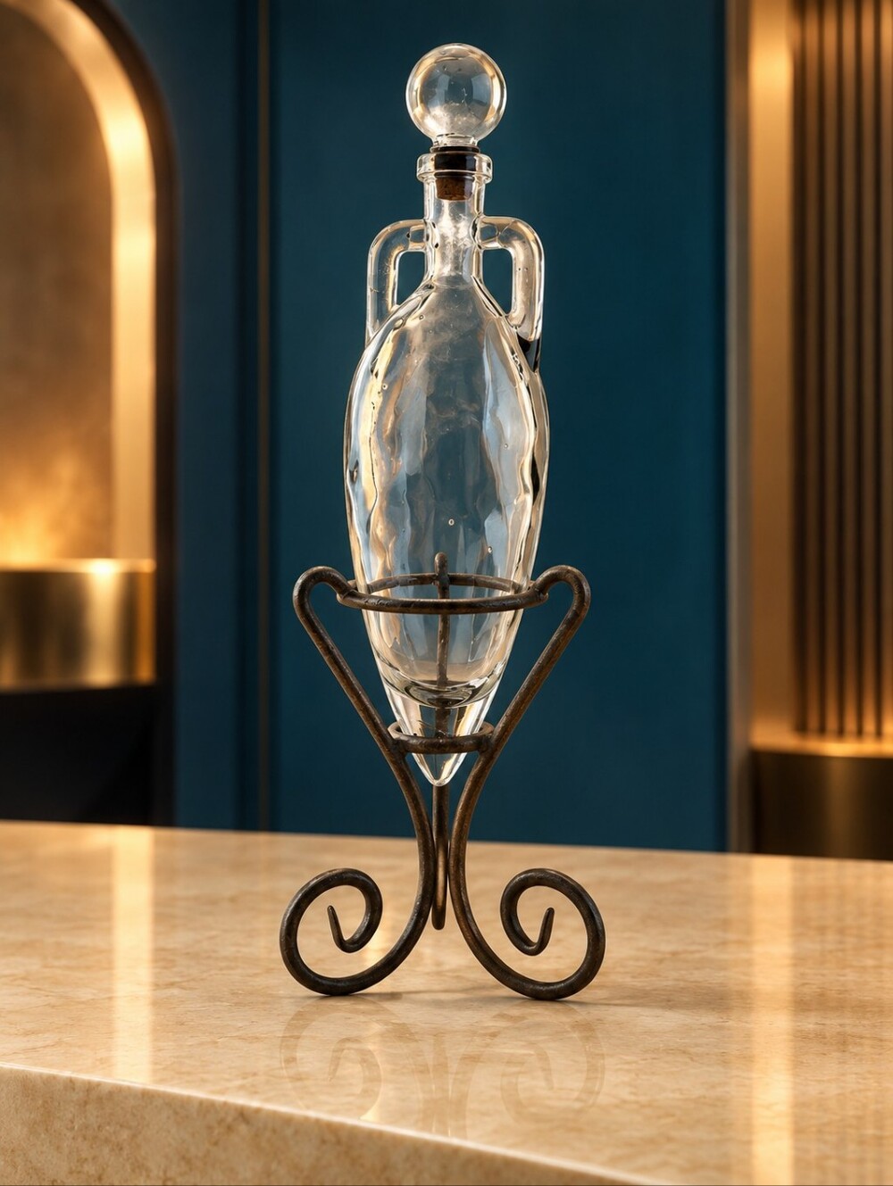 Vintage Glass Amphora Decanter Cork Stopper Wrought Iron Display Stand 18"